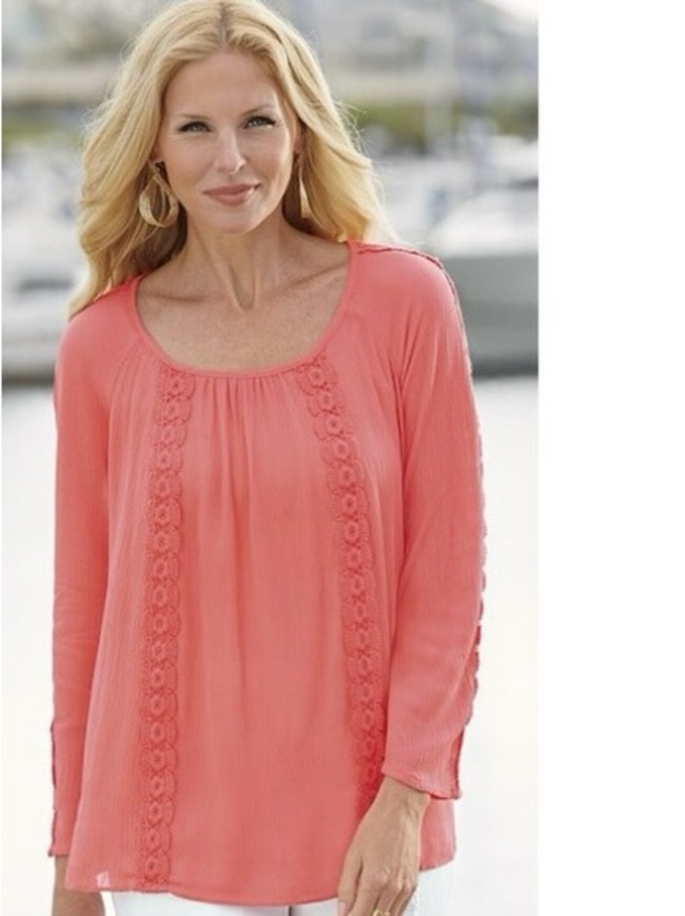 NWT Monroe and Main coral crochet trim top blouse